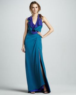 T5YCP Halston Heritage Layered Two Tone Halter Gown