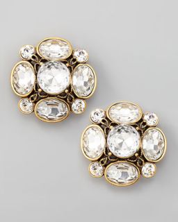 J6189 Oscar de la Renta Crystal Flower Button Clip Earrings, Clear