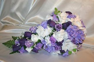  Purple Silk Flower Wedding Bridal Cascade Bouquet Package 21pc