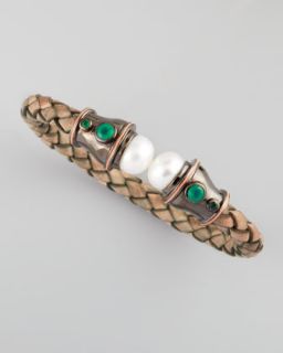 Pearl Capped Woven Leather Cuff, Cream/Pink