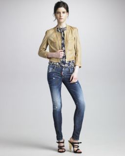 DSquared2 Croisette Perforated Leather Jacket, Printed Silk Top & Gold