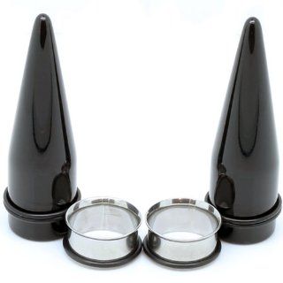 00G ~ 10mm ~ Black Acrylic Ear Tapers Stretchers & 316L Stainless