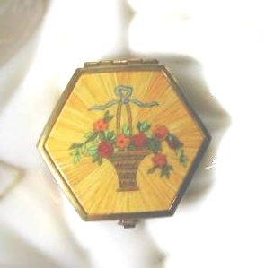 1930s HOUBIGANT Enamel Flower Basket Pressed Rouge Compact with