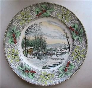  CHINA 10.5 PLATE WINTER IN THE COUNTRY transferware HOLLY BORDER RARE