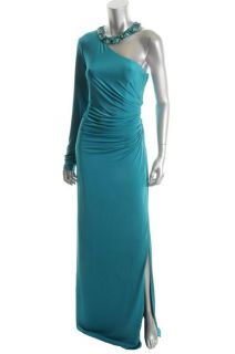 Hoaglund New Blue One Shoulder Long Sleeve Jeweled Neck Evening Dress
