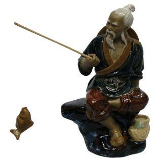 Chinese fisherman, sitting with fishing pole   cobalt blue