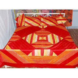 Bedsheets Home Decor Golden Block Print Silk Red Double