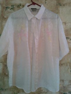 Proudly Plus 3X White Pink Lace Floral Embroidered Shirt Blouse Top