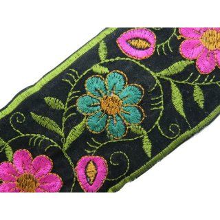 1 Y Black Fabric Pink Flower Design Embroidered Trim
