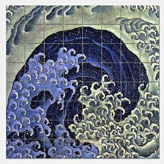 Hokusai Feminine Wave Glass Mural Backsplash Kitchen 48x48 in