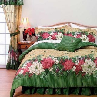 Christmas Poinsettia Bedding Set 4pc Full Holiday Comforter Shams and