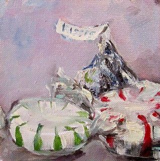 Christmas Candy Kiss Mints Original Oil Painting Realism Still Life by