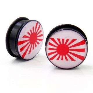 Pair of Japanese Flag Rising Sun Acrylic Single Flare O Ring Ear Plugs