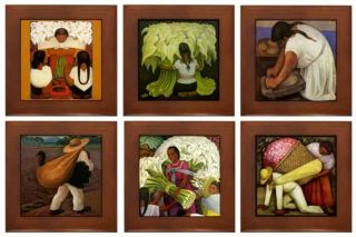 These unique framed tiles show reproductions of Diego Rivera paintings