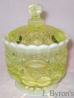 Vaseline Opalescent Glass Eye Winker Lidded Honey Jar