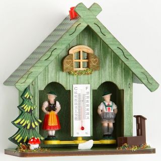  German Black Forest Chalet Weather House with Thermometer Green