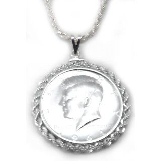 Coin Bezel Sterling Silver Kennedy Half Dollar Pendant Set With Chain