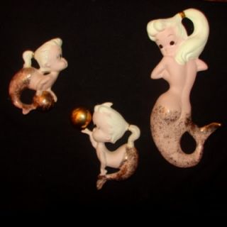 Ultra RARE Vintage Freeman McFarlin Mermaid Babies Wall Plaque Ceramic