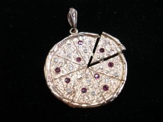 Custom Made Pizza Pie 14 kt Yellow Gold Pendant with Rubies and