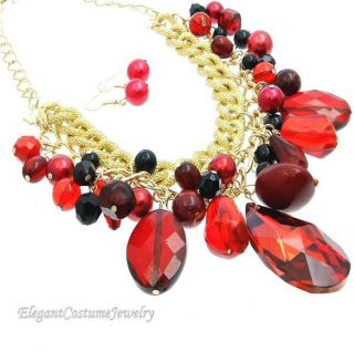YOU ARE HOT Ice Red Gold Bead Statement Necklace Set Elegant Costume