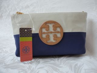 Tory Burch Blue Natural Idina Dipped Coated Canvas Small Cosmetic Case