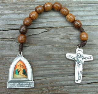 NEW UNIQUE BROWN CARVED WOOD BEADS ROPE ROSARY MEDAL SORROWFUL CROSS