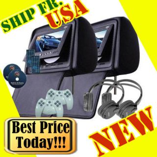 Black 2x 7 Inch Car Headrest DVD Player Radio TV Monitor Headphones