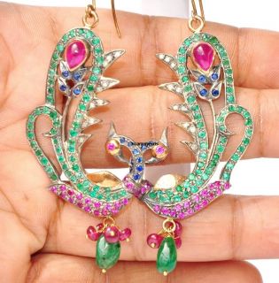 Stunning 18kt AAA Emerald Ruby Diamond Peacock Earrings