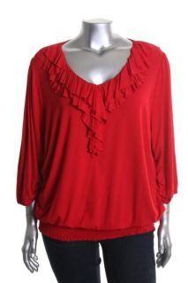 INC NEW Red Smocked Ruffled V Neck 3 4 Sleeves Casual Top Shirt Plus