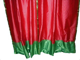 These Fire Brick Red silk sari Window curtains with Green golden