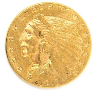 1913 $2 50 Dollars Indian Head Quarter Eagle Gold Coin