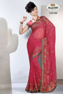 Traditional Designer Indian Red Georgette Saree Sari with Unstitched
