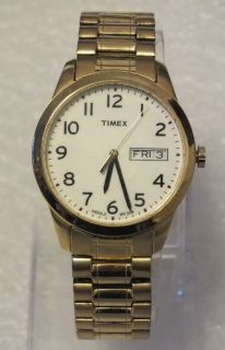Timex Indiglo men gold tone white dial expansion bracelet quartz watch