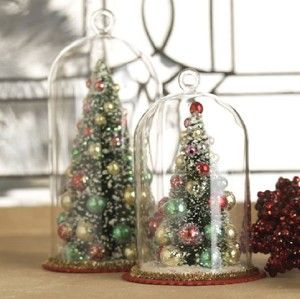 New RAZ Bottle Brush Tree Under Glass Dome Cloche Christmas Ornaments