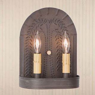 Double Candle Wall Sconce w Punched Tin Willow Design Country Colonial