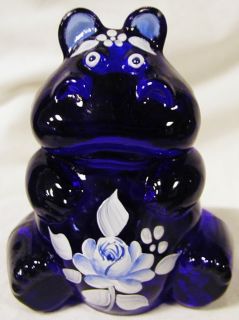 Fenton Cobalt Blue Handpainted w Blue Rose Solid Glass Hippo