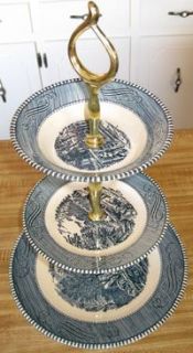 Currier and Ives 3 Tier Blue Pattern Tidbit Tray 607