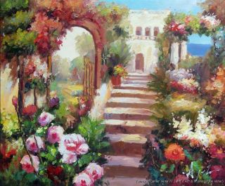 Italian Beach Flowers Estate Rose Garden Oil Painting