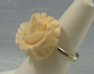 Vintage Faux Ivory Carved Rose Ring Adj Silver Tone