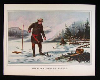 Currier and Ives Print American Winter Sports Trout Ice Fishing