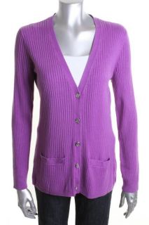 Ralph Lauren New Purple Silk Ribbed V Neck Long Sleeve Button Cardigan