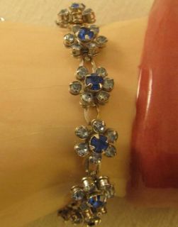 Vintage Coro Blue and Clear Rhinestone Floral Bracelet