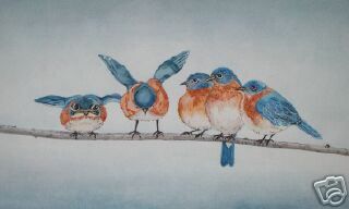 Bluebirds Blue Birds on A Wire Lynch Signed Folk Art Wildlife Print