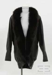 Jacqueline Ferrar Black Leather Dark Brown Fox Fur Coat Size Small