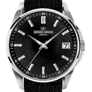 Jacques LeMans Geneve G 190A Mens Black Leather Band Black Dial