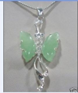  Silver Plate Green Jade Crystal Butterfly Pendant Necklace