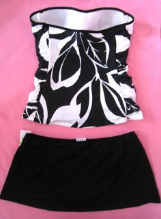 Black White Bandeau Skirted Skirt Tankini Swimsuit Swimwear Bathing