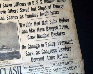 USS Reuben James 1st WWII Warship Sunk 1941 Newspaper
