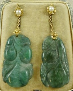 Victorian Long 18ct Yellow Gold Carved Jade Pearl Earrings
