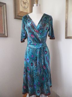 ANTHROPOLOGIE Jaloux Peacock Feathers 100 Silk Wrap Dress S 2 4 6 NWOT